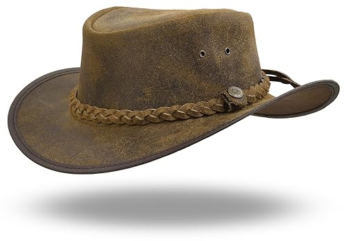 Sidewinder Austrailian Genuine Leather Western Style Cowboy Hat Wide Brim Real Water Resistant Outback Vintage (US, Alpha, Medium, Tan)