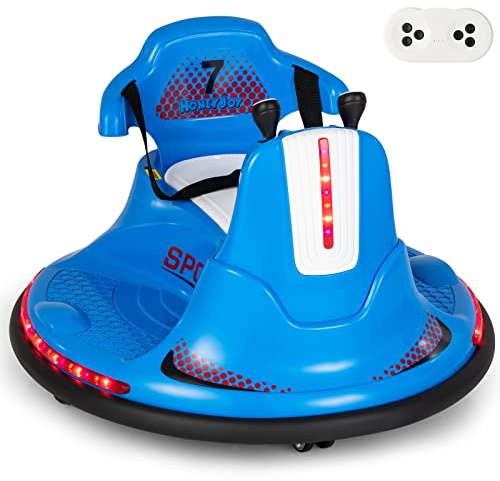 GYMAX 360 Spin Kids Bumper Car, 6V Battery Powered Ride On Toy with Remote Control, Dual Joysticks, LED Lights & Safety Belt, Children Waltzer Car for 3 Years Old + Boys Girls (Blue), 66 x 66 x 48 cm