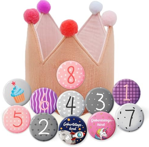 SUGUERU® Corona Compleanno in Mussola con Numeri Intercambiabili da 1 a 8,Cappellini Festa Compleanno Bambini,Corona di Compleanno per Ragazzi e Ragazze,Decorazione di Compleanno per Bambini (Rosa)