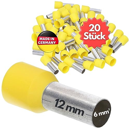 Kalitec 20x Terminali Isolati 6 mm² - 12 mm Puntali Cavo Giallo | Manicotti a bussola in rame stagnato certificati UL, ideali per crimpatura professionale e collegamenti elettrici sicuri