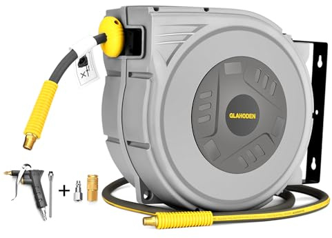 GLAHODEN Enclosed Retractable Air Hose Reel, 3/8 in x 50 Ft Hybrid Hose Air Compressor Hose Reel with 5 Ft Lead in Max 300 PSI Patented Design for Any Length Lock 180°Swivel Bracket Quick Coupler