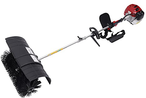 RustyVioum Gas Power Sweeper Hand Held Broom, 52cc 2-Stroke 2.3HP 1.82M Artificial Turf Broom, Aluminum Alloy Walk Behind Sweeper Cleaning Driveway Tools, Leaf Collector Lawn Sweeper, Black & Red