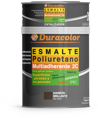 Esmalte al Poliuretano Multiadherente Satinado Duracolor | Pintura para Metales, Madera, Bañeras, Azulejos y Sanitarios | Resistente y Duradero (600 ml + 150 ml, Marrón RAL 8014)