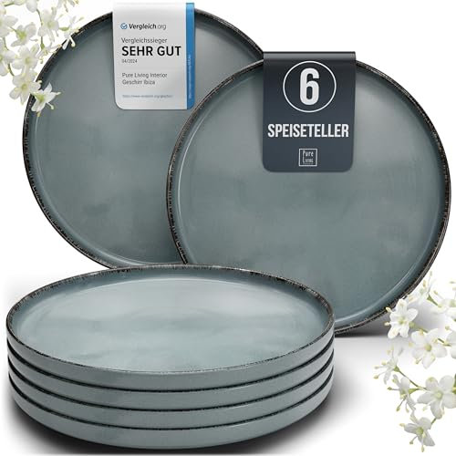 Set di Piatti in Steingut per 6 Persone Rustic - 6 Grandi Piatti Moderni Lavabili in Lavastoviglie - Elegante Servizio di Piatti per 6 Persone, Set Moderno - Pure Living Blu Fumo