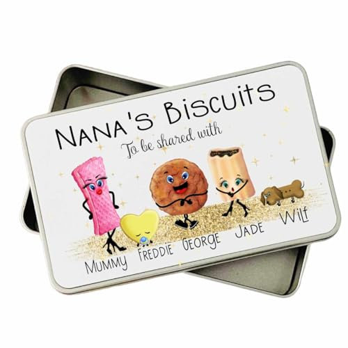 Personalised Biscuit Tin gift for mum dad nana grandad friend with cute biscuit characters custard cream, bakewell, iced ring, gingernut