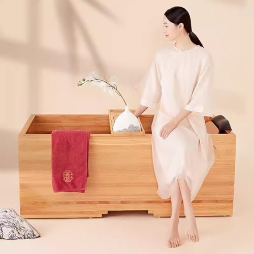 MegLob Freistehender Hölzerne Badewanne, Japanischer Stil, Tiefe Badewanne Für Paare Mit Badschale, Rechteckige Form Klassischer Soaker Mit Pop-Up-Abfluss,150cm/59.06in