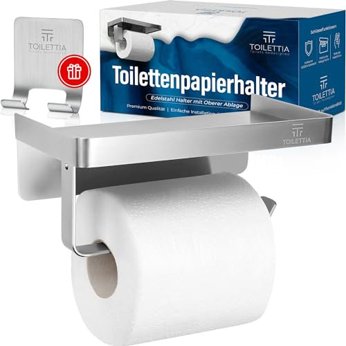 TOILETTIA Toilettenpapierhalter ohne Bohren mit Ablage – vielseitige Ablage mit sicheren Rändern für Wertgegenstände, rostbeständiger SUS304-Edelstahl Klorollenhalter Silber mit Ablage