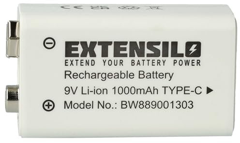 EXTENSILO batteria da 9V per diversi dispositivi (1Ah, 9V, Li-Ion), ricaricabile, ready-to-use