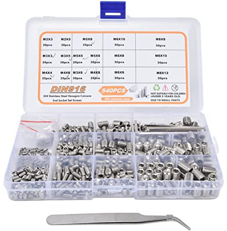 540-teiliges Set Mit Gewindestiften aus Edelstahl 304, M2-M8-Sortiment an Ringschrauben Mit Pinzette Und Schraubenschlüssel Für Türgriffe, Lampenknöpfe, Klempner
