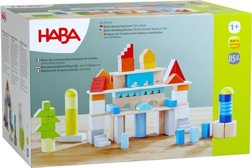 HABA Basis Holzbausteine - 85 Bunte Bausteine mit Baumwolltasche - Made in Germany - ToyAward Gewinner 2024 - Für Kinder ab 1 Jahr - 2010921001
