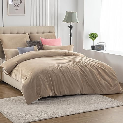 Soifox Winter Flanell Bettwäsche 200x220 - Beige Flauschige und Warme Cashmere Touch Bettbezug + Kissenbezug 80x80 cm mit Reißverschluss