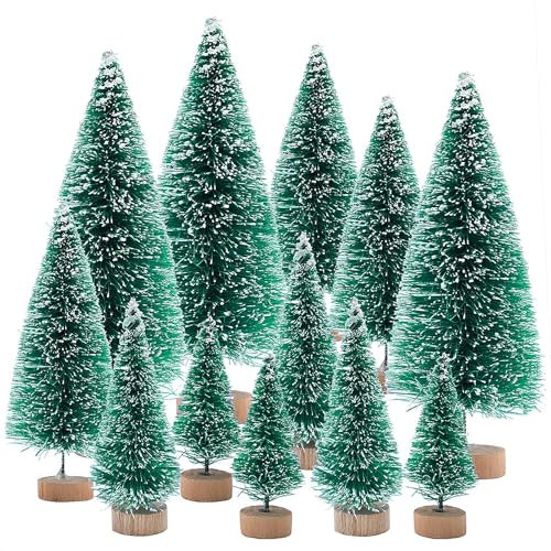 JJQHYC 12 Pezzi Mini Albero di Natale Innevato Decorazioni Natale Alberelli di Natale Piccoli Addobbi Alberi di Natale per Fai Da Te Artigianato di Natale, Scene di Villaggio di Natalizio
