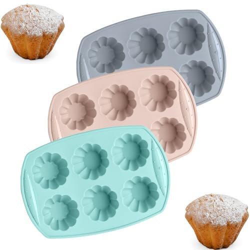 TOKSEO 3 pezzi stampo per muffin a fiore grande in silicone per 6 muffin, stampo per muffin in silicone con rivestimento antiaderente e manico antiscivolo, stampi da forno in silicone riutilizzabili (