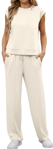 GRECERELLE Conjunto de dos piezas para mujer de verano Conjunto casual de cuello redondo Camiseta de manga corta y pantalón de chándal con bolsillos, albaricoque, XXL