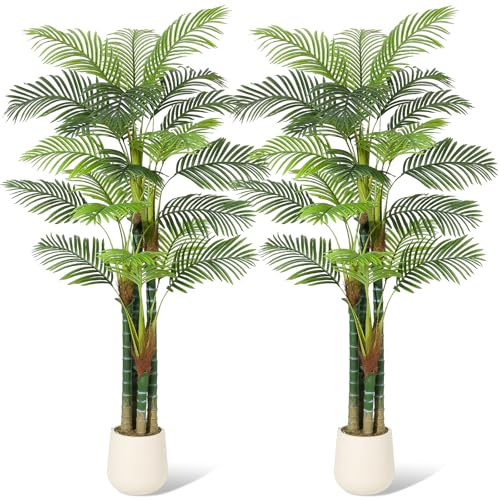 GarveeHome 7 ft Tall Palm Tree Fake Plant Golden Cane Palm Trees Large Artificial Plants Faux Plants for Living Room Yard Indoor Outdoor Home Decor with White Base Set of 2