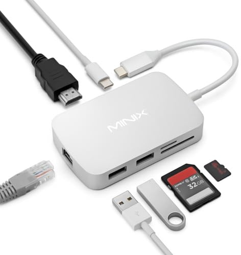 MINIX Adaptador USB C, adaptador multipuerto 7 en 1 USB C Hub 4K HDMI, Gigabit Ethernet, 2 USB 3.0, carga PD de 100 W, lector de tarjetas SD/TF, compatible con MacBook Pro/Air, iPad Air/Pro, iMac,