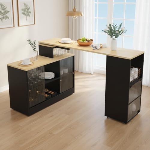 Merax Ausziehbarer Bartisch mit Stauraum, Beweglicher Bartisch Beistelltisch Stehtisch Bistrotisch Küchentheke Küchenbartisch, Drehung ohne Heben, Schwarz/155-205 x 40 x 90 cm