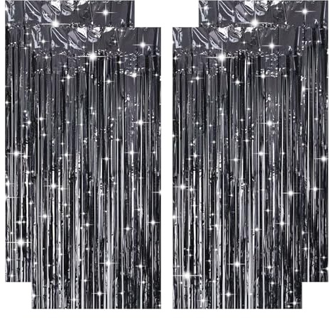 4 Stück Lametta Vorhang Schwarz, Glitzervorhang Lametta Luftschlangen Schwarz Deko für Graduation Halloween Disco Party Zirkus Casino Krimi Dinner Rip 20s Party Feuerwehr Geburtstag(1m x 2m)