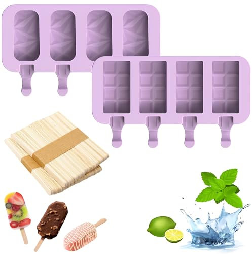 AMSNINK 2-Teilige Eisformen Eis Am Stiel Silikon + 100 Eisstiele Holz, Ideal Für Hausgemachte Desserts, Kuchen Und Diy-Kreationen
