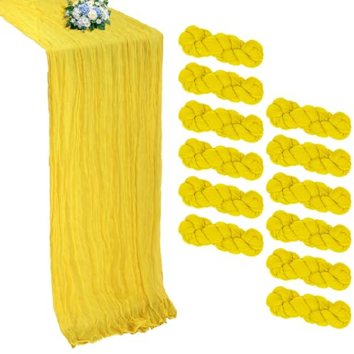 RestfulGlow Lot de 12 chemins de table en étamine jaune de 3 m en tissu de gaze rustique transparent pour mariage, fête d'anniversaire, fête prénatale, centre de table, décoration d'intérieur