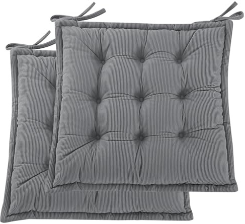 PRIMEPATIO Indoor Sitzkissen Stuhl 2er Set – Komfortable Cordstoff-Sitzmatte Stuhlkissen mit Bändern, Hochwertige Füllung, Ideal für Esszimmer, Büro, Wohnzimmer, Outdoor Gartenstuhl, 40x40x7, Hellgrau