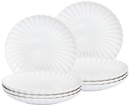 Conjunto de 8 platos llanos grandes de gres caolín para postres artesanal acabado esmalte reactivo blanco Nettle