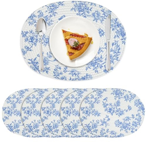 6 Stück Ovale Gewebte Platzsets,Blaue und Weiße Porzellan-Muster Baumwolle Seil Geflochtene Platzsets,Abwaschbar und handgefertigte Esstisch Zubehör,rutschfeste Tischsets,Küche Dekoration,40x30CM