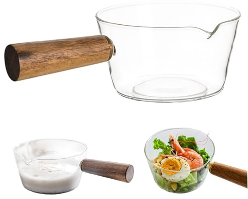 Marmites en verre, pot à lait, casserole en verre transparent de 600 ml avec poignée et bec en bois, marmite antiadhésive pour nouilles, pâtes, soupe, lait et aliments pour bébés