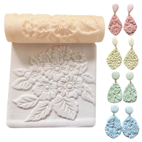 HOBBIESAY Rodillos de textura de cerámica en relieve, textura de arcilla polimérica, rodillo beige, sellos de rodillo de arcilla en relieve, funciona con cortadores de arcillas poliméricas para aretes