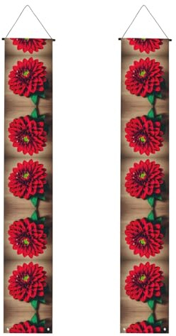 Wooden Board Retro Flower Red Dahlia Print Fall Porch Banner,Polyester Banners,Indoor Outdoor Use,Easy To Hang Reusable