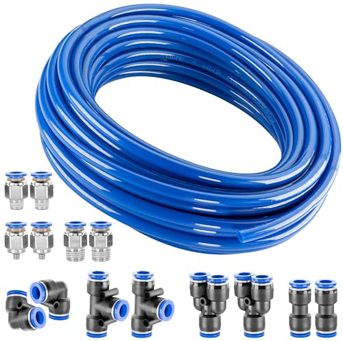 Poppstar Tuyau pneumatique en PU pour air comprimé DI 4mm / DE 6mm, 10m, 8x Raccords rapides (Y, T, L, I), 6 bar, bleu