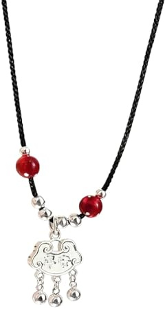 XIGAWAY Collar chino Peace Lock, colgante inspirado en frijoles rojos, 31-40 cm, trenzado a mano, chapado en plata, aleación de zinc para mujer