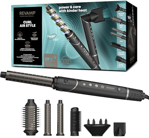 REVAMP Curl Air Style Cepillo de Aire Caliente 7 en 1 - Iónico | Cepillo Secador, Motor Brushless, 6 Accesorios, Auto Curl Wrap, Paddle, Difusor