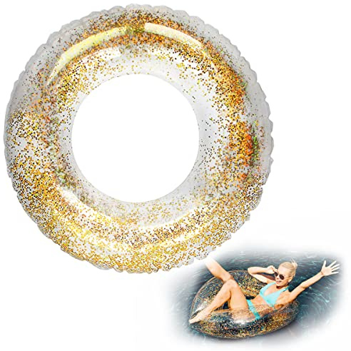 RosyFate Simring, genomskinlig simring, simring, glitter, simdäck, vuxna, simdäck, uppblåsbar, simning på sommaren, stranden, poolleksak (85 cm))