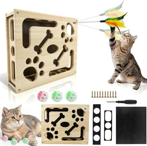Jouet Chat Interactif 2 en 1 Jouet Interactif pour Chat avec Papier Abrasif | Griffoir Jouets pour Chats Bâton Plume 3 Balle à Grelots Taille 30X25X7,8 cm