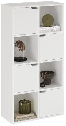 KOMTO Bücherregal Weiß – Würfelregal mit 4 Türen und 8 Fächern, Bücherschrank, Aufbewahrungsregal, Raumteiler Regal für Büro, Schlafzimmer und Wohnzimmer | Shelf8 60 x 30 x 122