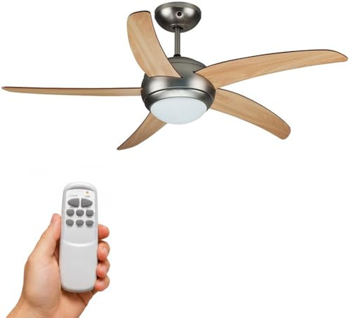 BAKAJI Ventilatore Lampadario da Soffitto 5 Pale in Legno Lampada in Vetro Satinato 3 Velocità Inversione Rotazione Funzione Timer e Telecomando, Potenza 60W, Diametro 120 cm, Attacco Lampadina E27