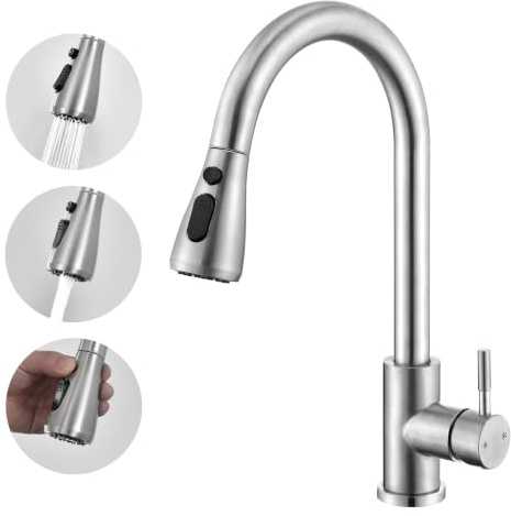 HOMELODY Robinet de Cuisine avec Douchette Extractible, Inox, Bec Pivotant 360°, Mitigeur Évier 3 Jets & Pause, pour Cuisine, Bar, Camping et Bateau