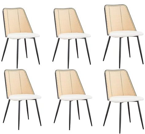 JZGORC 6er Set Modernes Esszimmerstuhl, Rattan-Geflecht-Rückenlehne, Körniger Plüschsitz, Schwarzer Metallrahmen, Kann als Küchenstuhl, Wohnzimmerstuhl Verwendet Werden