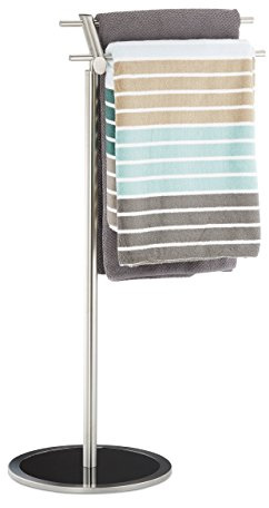 Relaxdays Handtuchhalter freistehend, Handtuchstange, Handtuchständer, Edelstahl, Glas, HxBxT: 85 x 46 x 30 cm, silber
