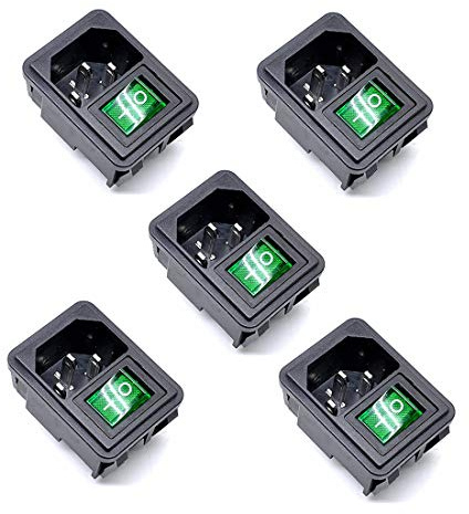 Oiyagai 5 Stück IEC320 C14 Einbaumodul Stecker Netzbuchse mit Wippschalter AC 250V 10A Grünes Licht