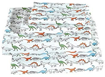 Fancy Linen Dinosaurs White Blue Orange Green Back Sheet Set for Boys/Teens/Girls New (Full)