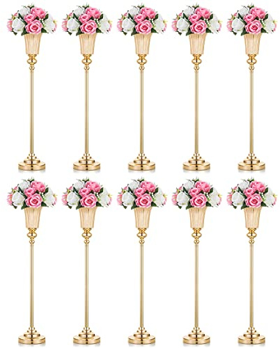 NUPTIO Blumenständer Metall Gold Vase: 10 Stück 77.5cm Hoch Blumenvase Hochzeit Ständer Trompete Vasen Metall für Goldene Hochzeit Mittelstücke Tischdeko Party Tafelaufsätze