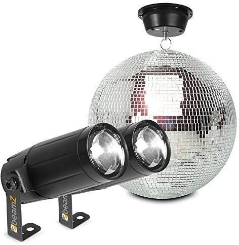 BeamZ MB30 Mirror Ball Set 30cm with Motor & 6W LED Pinspot Lights for Disco, Wedding, Party Events, DJ Equipment Glitter Ball Lighting Effect Kit