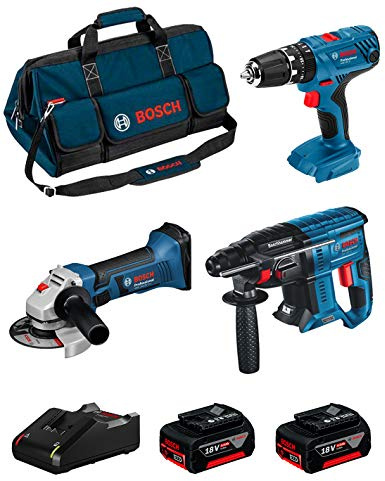 BOSCH Kit 18V BK304BAG (Martillo Perforador GBH 18V-21 + Taladro Percutor GSB 18V-21 + Amoladora GWS 18-125 V-LI + 2 Baterías de 4,0 Ah + Cargador + Bolsa)