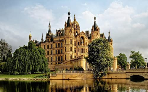 Haeran River Schwerin Deutschland Schloss Fluss Bäume Brücke DIY 5D Diamond Painting by Number Unique Kits Home Wall Decor Crystal Strass Wall Decor