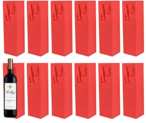 12 STK Wein Geschenktüten, Einzel Weinflaschen Tasche, Kraftpapier Champagner Tragetasche, Leere Wein Tragetaschen mit Griff, Wiederverwendbare Weintaschen Für Geburtstag, Jahrestag, Hochzeit (Rot)