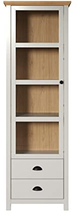 trendteam smart living - Landside - Vitrine - Hellgrau/Eiche - Standvitrine im Landhausstil - (BxHxT) 65 x 201 x 41 - elegante Knopf- und Muschelgriffe - 4 Fächer und 2 Schubladen | B 65 x H 201 x T 41 cm · Vollauszug · Metallgriffe · optional mit LED-Beleuchtung · 1 Tür, 2 Schubladen, 3 Einlegeböden
