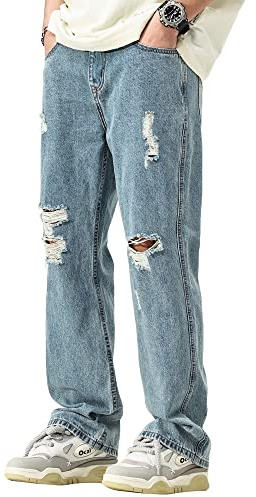 DOSLAVIDA Herren Baggy Jeans Loose Fit Ripped Distressed Jeans Relaxed Skateboard Denim Hose mit Löchern, Blau1, Groß