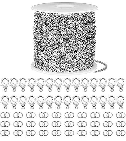 5 m kedja, 2,4 mm rostfritt stål kabelkedja silverhalsband, knåp länkkedja, silver gör-det-själv-kedja med 30 karbinhake och 60 hoppringar, vridna kedjor pansarkedjor för gör-det-själv smyckestillverkning